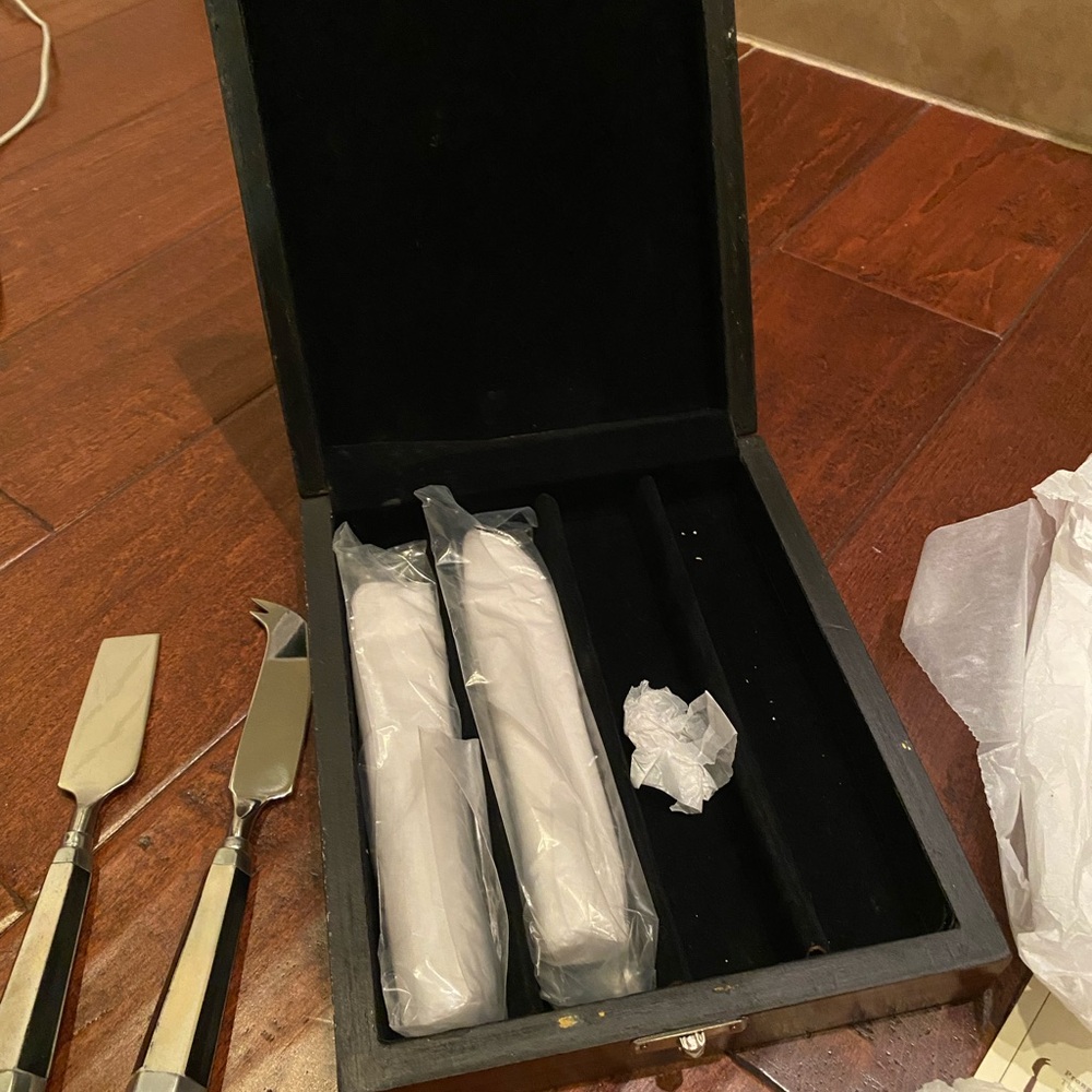 Pottery Barn black and white bone cheese knives
